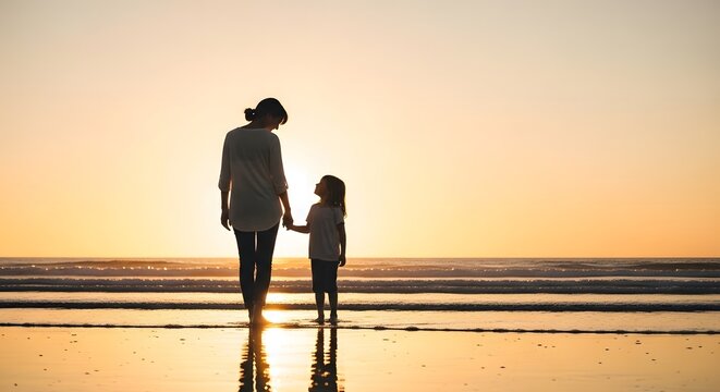 Mother and child silhouettes at sunset on a beach