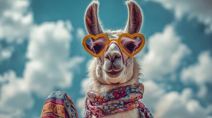 Obraz premium Fluffy llama wearing yellow heart-shaped sunglasses and a colorful patterned scarf stands against a cloudy blue sky.