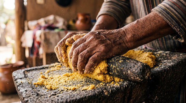 Close-up of artisan hands kneading yellow corn masa on stone.