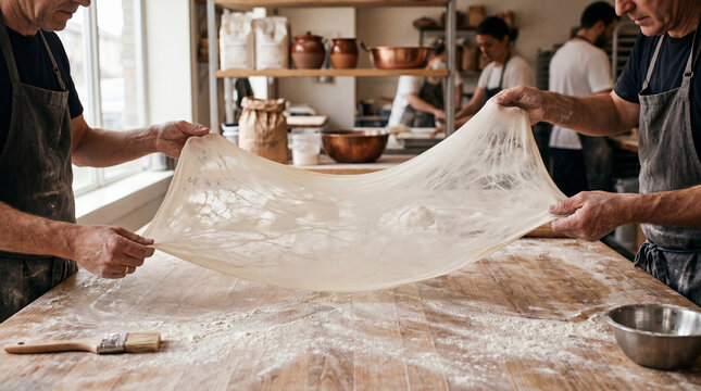 Hands stretching translucent thin filo pastry dough over table.