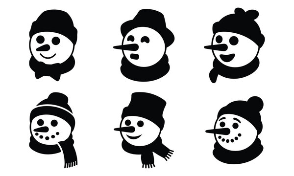 Collection of six cute snowman faces with different hats and scarves, black and white vector icons, winter characters.