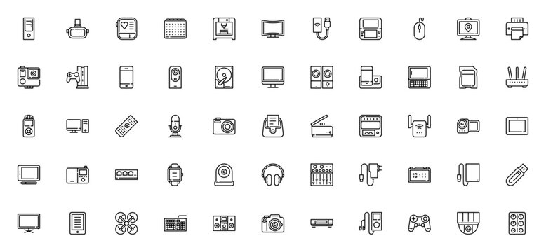 Technology devices icon set. Vector illustration of modern electronics. Includes tower, AR glasses, smartphone, drone, smartwatch, TV, printer, camera, console and more. Editable stroke.