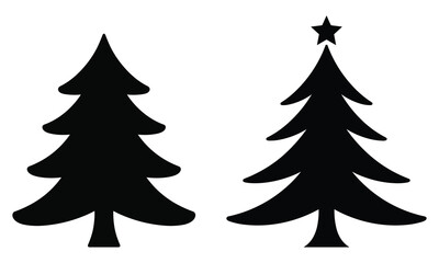 Fototapeta premium Set of christmas tree vector illustration, traditional evergreen pine with star, silhouette of festive conifer isolated on white.