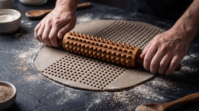 Spiked rolling pin creating patterns on rye cracker dough.
