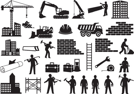 Black and white construction site with workers and machinery