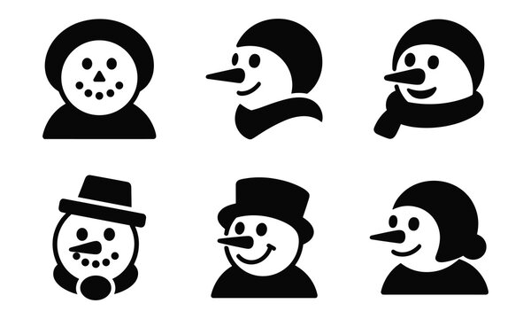 Six diverse snowman portraits in black and white, featuring various hats and scarves, festive winter characters set.
