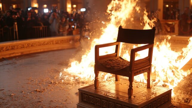 Chair burning in flames symbolic destruction and celebration event