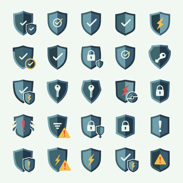 Collection of Security Shield Icons with Lock, Key, Checkmark, and Warning Symbols