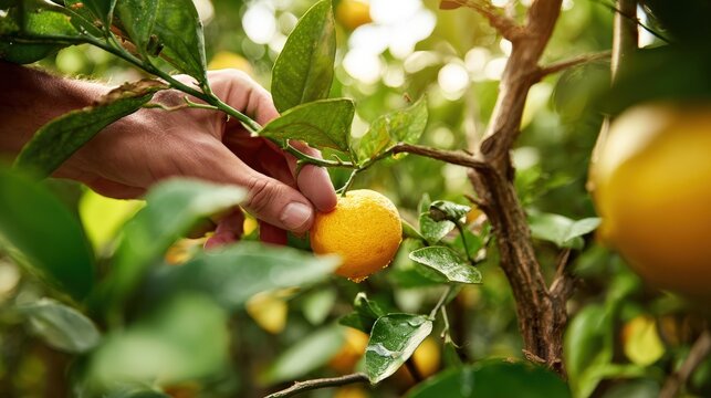 Farmer hand reaches out to harvest a fresh ripe lemon from a tree branch.