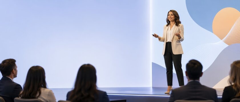 Female speaker presents leadership and productivity insights on stage, representing business education, motivational communication, professional development, and public speaking confidence
