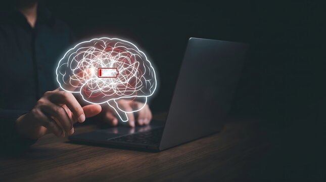 Immersive brain hologram with low energy indicator processed on laptop to optimize corporate mental wellness strategies in dark office.