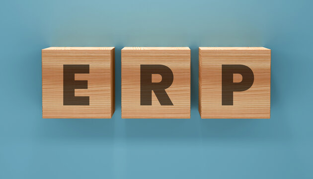 ERP Concept Blocks: A visually striking close-up shot of wooden blocks spelling out ERP against a simple background. An innovative concept.