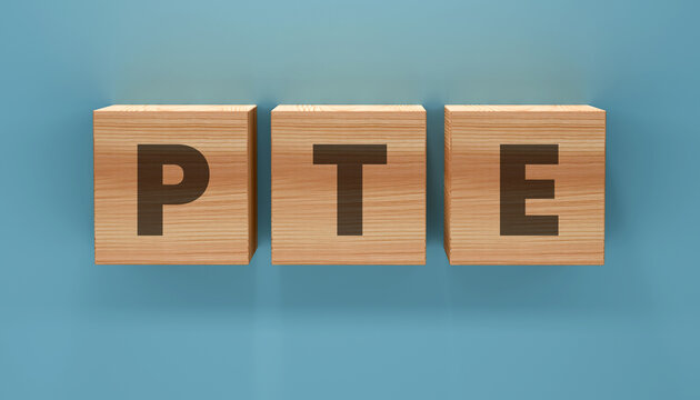 PTE Letter Blocks: Three wooden blocks, each bearing a letter to form the acronym PTE, rest against a serene blue background, conveying a sense of order and clarity.