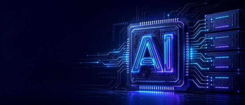 Processor integrated with AI letters and connected to data storage, illustrating artificial intelligence hardware, chip based computing and automated data processing technology.