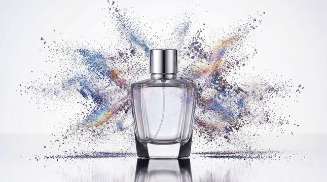 Radiant perfume bottle capturing a moment of ethereal splendor, surrounded by an explosion of shimmering multicolored cosmic dust
