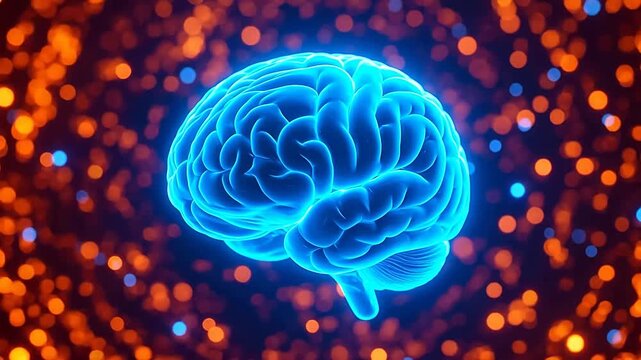 Glowing blue brain with orange and blue lights
