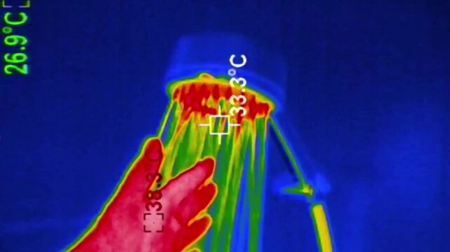Thermal view of a hand reaching under a shower head to check hot water temperature, displaying heat gradients. Concept of home energy efficiency and hygiene monitoring using infrared tech.