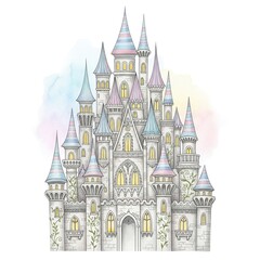 Fototapeta premium Detailed castle illustration with towers and green windows