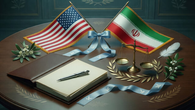 flags of usa and iran on wooden table with scales of justice and olive branch, international law concept, geopolitics, diplomatic dialogue, peace initiative, judicial process illustration