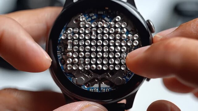 Hands holding and examining smartwatch internal components, detailed view of circuit board with metal pins, technology and innovation concept, symbolizing modern tech and gadgetry.