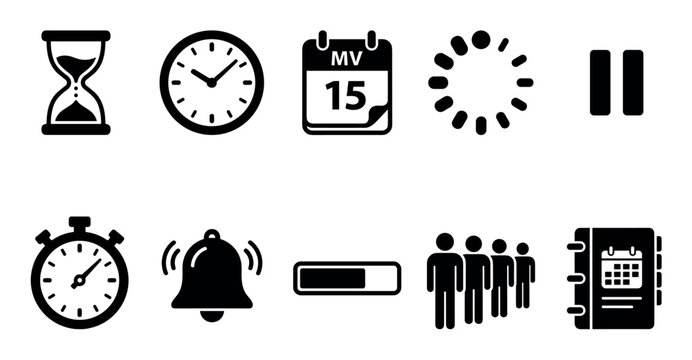 Collection of black glyph icons for time management and scheduling, featuring a clock, hourglass, calendar, stopwatch, loading symbol, pause button, alarm, and progress bar