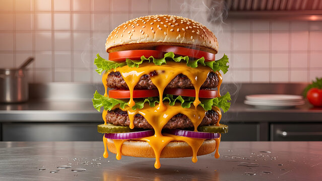 Vibrant Floating Double Cheeseburger with Dramatic Lighting and Heavy Cheese Melt
