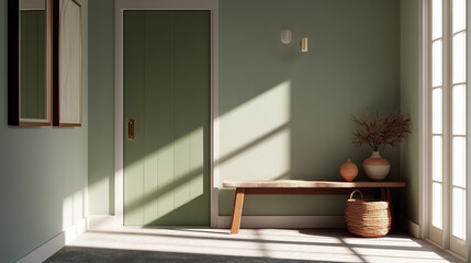 Fototapeta premium Minimal Hallway Scene, Clay Wall and Sage Accent Interior
