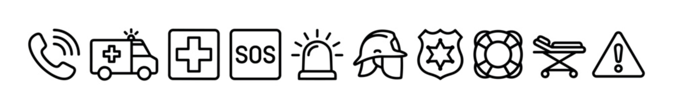 Set of emergency service line icons including an ambulance, police badge, firefighter helmet, and medical symbols for safety and rescue concepts in a minimalist monochrome design