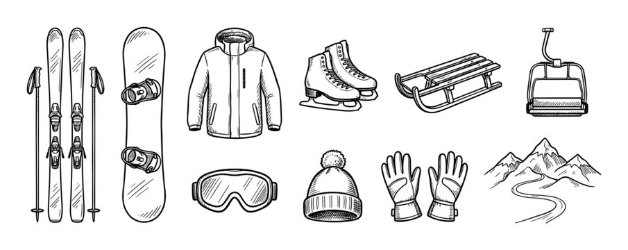Winter sports equipment and clothing icons collection hand-drawn in a black line art doodle style with skis, snowboard, jacket, skates, gloves, and a ski lift for mountain recreation