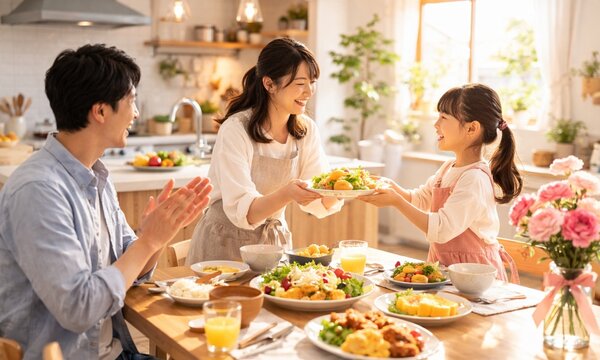 母の日に子どもが手料理をふるまう心温まる家族の食卓シーン