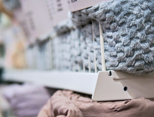Textured Plush Blankets on Retail Shelf Display, Soft Shaggy Home Textiles and Interior Decor Merchandising © light