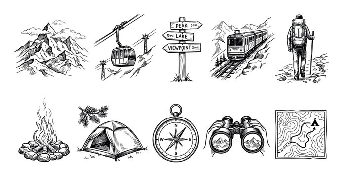 Mountain hiking and camping adventure icon set hand drawn in a vintage sketch style showing a tent, compass, map, campfire, hiker, train, and cable car
