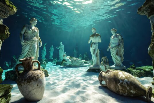 Ancient Greek statues and amphorae submerged underwater, sunbeams piercing the turquoise ocean