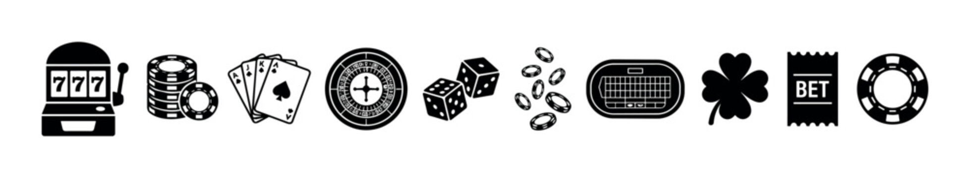 Black silhouette icon set of casino and gambling elements with a slot machine, poker chips, playing cards, roulette wheel, dice, a betting slip, and a four-leaf clover