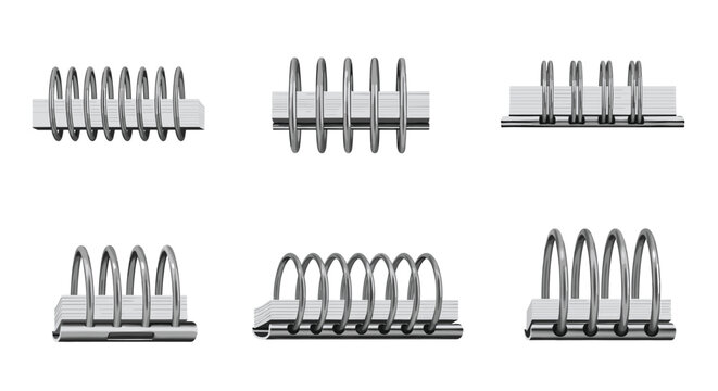 Six 3D models of silver metal spiral ring binders shown from different angles and perspectives on a white background.