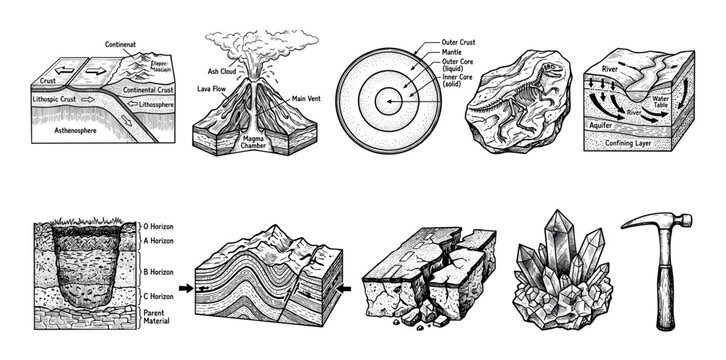 Collection of geology and earth science illustrations showing a volcano, tectonic plates, fossil, and earth layers in a detailed hand-drawn black and white engraving style