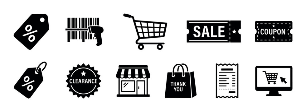 Collection of black shopping and retail icons representing commerce and consumerism, featuring a cart, sale tag, coupon, barcode scanner, and storefront symbol for e-commerce