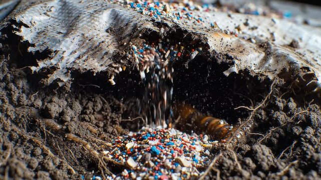 Polluted pipe, microplastics pouring out, environmental damage, soil contamination, symbolizing ecological disaster, neglect.
