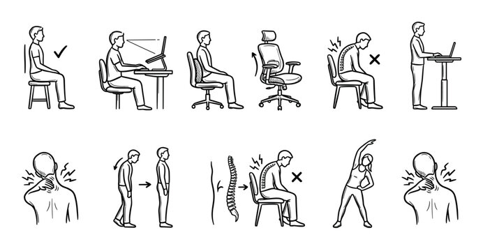 Hand-drawn icon set illustrating correct posture and ergonomic principles for office work, showing right and wrong sitting positions, spine alignment, back pain, and stretching exercises