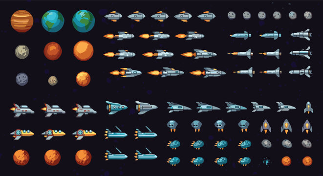 Large pixel art sprite sheet for a space game containing planets stars and many various spaceships in different stages.