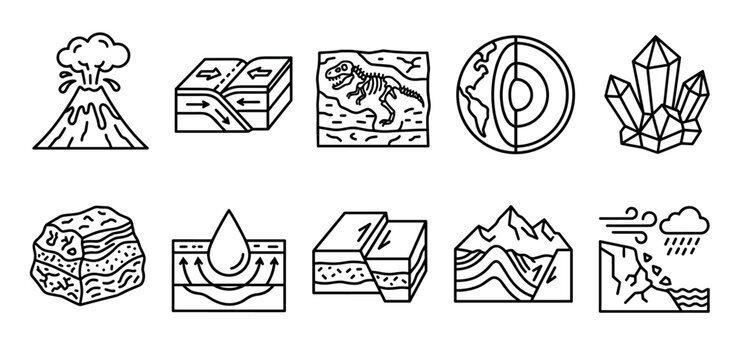 Geology and earth science line icon set showing volcano eruption, tectonic plates, dinosaur fossil, earth core, crystals, rock layers, and mountains in a simple black outline style