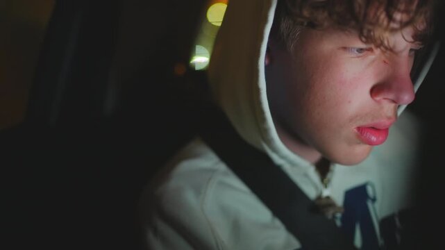 Close up portrait of teenage boy with curly hair wearing white hoodie, face lit by screen glow in dark environment, concentrated expression
