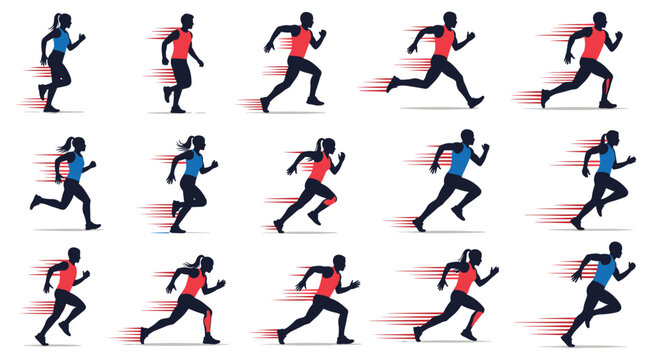 Grid of fifteen silhouettes showing male and female runners in different stages of a stride with red and blue speed lines.