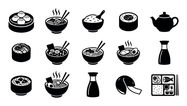 Collection of Asian food vector icons including ramen bowls, sushi rolls, dim sum, bento box, soy sauce, and a teapot, presented in a simple black and white graphic silhouette style