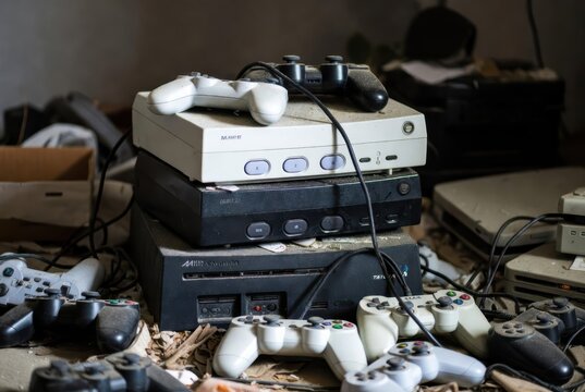 Dusty vintage game consoles and controllers piled up in a forgotten, abandoned room.