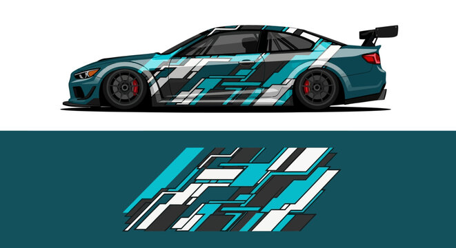 High speed teal race car with graphic livery and dynamic decals on a white background.