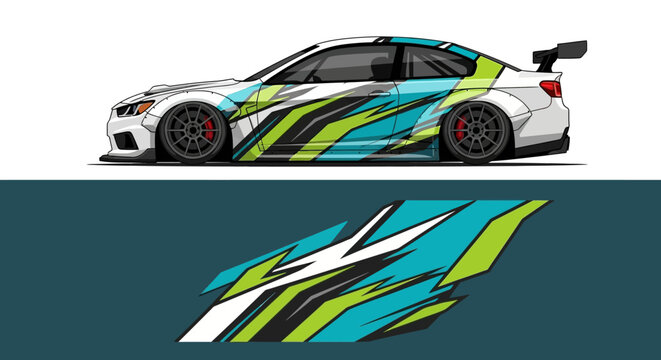 Dynamic race car livery design with bold turquoise green stripes and abstract shapes.