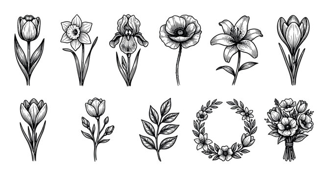 Hand-drawn black and white floral illustrations set with spring flowers like tulip, lily, iris, poppy, and crocus in a vintage engraving sketch style
