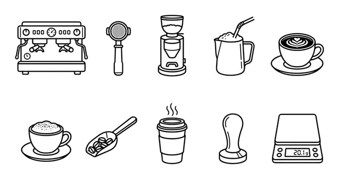 Collection of black and white coffee-making icons featuring an espresso machine, grinder, portafilter, tamper, scale, and cups in a minimalist line art illustration style