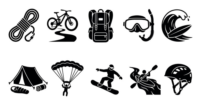 Set of black extreme sports icons representing outdoor activities like climbing, mountain biking, hiking, diving, surfing, camping, skydiving, snowboarding, and kayaking